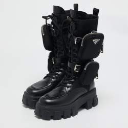 Prada Black Leather and Nylon Monolith Chunky Mid Calf Boots Size 37