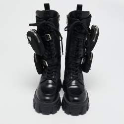 Prada Black Leather and Nylon Monolith Chunky Mid Calf Boots Size 37