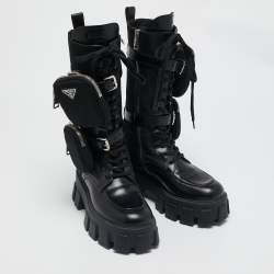 Prada Black Leather and Nylon Monolith Chunky Mid Calf Boots Size 37