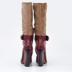 Prada Beige/Burgundy Leather Mid Calf Boots Size 39