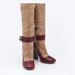 Prada Beige/Burgundy Leather Mid Calf Boots Size 39
