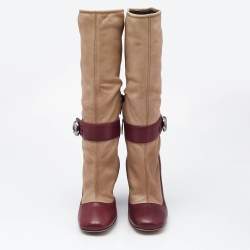 Prada Beige/Burgundy Leather Mid Calf Boots Size 39