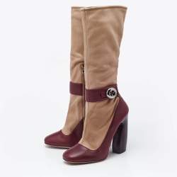 Prada Beige/Burgundy Leather Mid Calf Boots Size 39