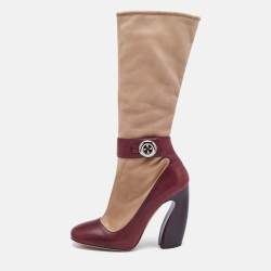 Prada Beige/Burgundy Leather Mid Calf Boots Size 39
