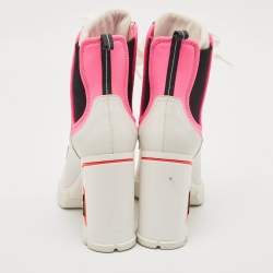 Prada White/Pink Fabric and Leather Logo Ankle Boots Size 39