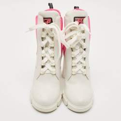 Prada White/Pink Fabric and Leather Logo Ankle Boots Size 39