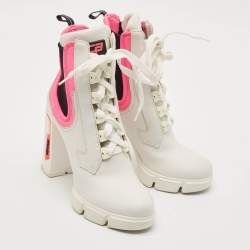 Prada White/Pink Fabric and Leather Logo Ankle Boots Size 39