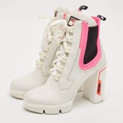Prada White/Pink Fabric and Leather Logo Ankle Boots Size 39