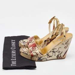 Prada Multicolor Fairy Print Leather Ankle Strap Platform Wedge Sandals Size 39.5