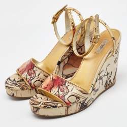 Prada Multicolor Fairy Print Leather Ankle Strap Platform Wedge Sandals Size 39.5
