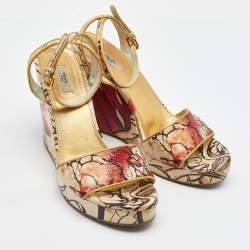 Prada Multicolor Fairy Print Leather Ankle Strap Platform Wedge Sandals Size 39.5