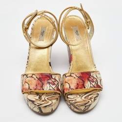 Prada Multicolor Fairy Print Leather Ankle Strap Platform Wedge Sandals Size 39.5