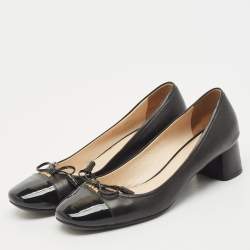 Prada Black Patent Leather Bow Block Heel Pumps Size 36.5