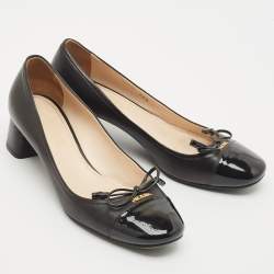 Prada Black Patent Leather Bow Block Heel Pumps Size 36.5
