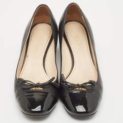 Prada Black Patent Leather Bow Block Heel Pumps Size 36.5