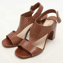Prada Brown Perforated Leather Ankle Strap Sandals Size 38
