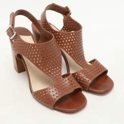 Prada Brown Perforated Leather Ankle Strap Sandals Size 38