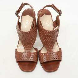 Prada Brown Perforated Leather Ankle Strap Sandals Size 38