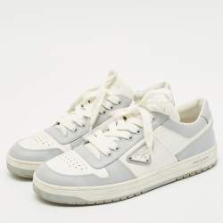 مملوكة مسبقًا Prada White Leather Downtown logo Lace Up Sneakers Size 39