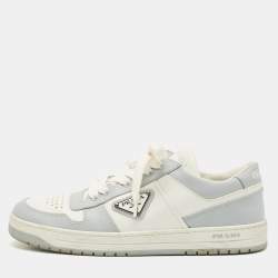 مملوكة مسبقًا Prada White Leather Downtown logo Lace Up Sneakers Size 39