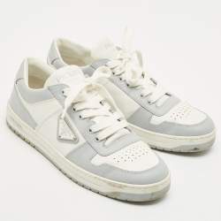 مملوكة مسبقًا Prada White Leather Downtown logo Lace Up Sneakers Size 39