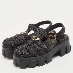 Prada Black Raffia Monolith Sandals Size 38