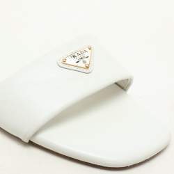 مملوكة مسبقًا Prada White Leather Logo Embellished Flat Slides Size 38