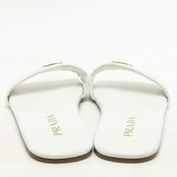 مملوكة مسبقًا Prada White Leather Logo Embellished Flat Slides Size 38