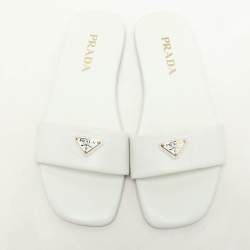 مملوكة مسبقًا Prada White Leather Logo Embellished Flat Slides Size 38
