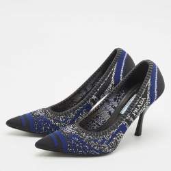 Prada Navy Blue/Black Printed Knit Fabric Pointed Toe Pumps Size 37.5