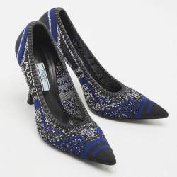 Prada Navy Blue/Black Printed Knit Fabric Pointed Toe Pumps Size 37.5