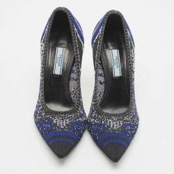 Prada Navy Blue/Black Printed Knit Fabric Pointed Toe Pumps Size 37.5