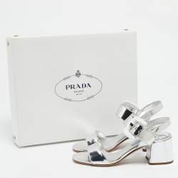 Pre Owned Prada Silver Leather Ankle Strap Sandals Size 36