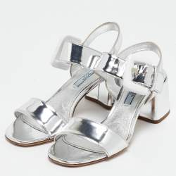 Pre Owned Prada Silver Leather Ankle Strap Sandals Size 36