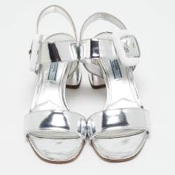 Pre Owned Prada Silver Leather Ankle Strap Sandals Size 36