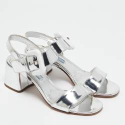 Pre Owned Prada Silver Leather Ankle Strap Sandals Size 36