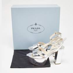 Prada Silver Leather Ankle Strap Platform Sandals Size 36