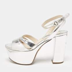 Prada Silver Leather Ankle Strap Platform Sandals Size 36
