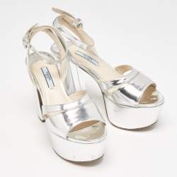 Prada Silver Leather Ankle Strap Platform Sandals Size 36