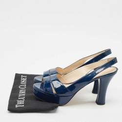 Prada Navy Blue Patent Leather Slingback Platform Sandals Size 38