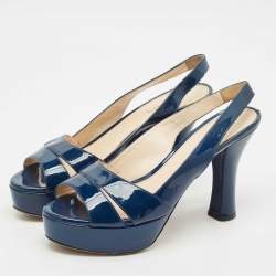Prada Navy Blue Patent Leather Slingback Platform Sandals Size 38