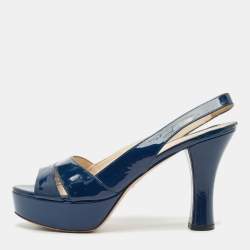 Prada Navy Blue Patent Leather Slingback Platform Sandals Size 38