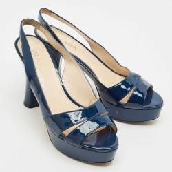 Prada Navy Blue Patent Leather Slingback Platform Sandals Size 38