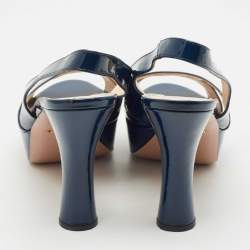 Prada Navy Blue Patent Leather Slingback Platform Sandals Size 38