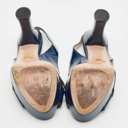 Prada Navy Blue Patent Leather Slingback Platform Sandals Size 38
