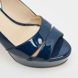 Prada Navy Blue Patent Leather Slingback Platform Sandals Size 38