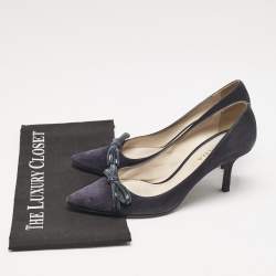 Prada Navy Blue Patent Leather and Suede Bow Pointed Toe Pumps Size 37.5