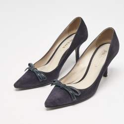 Prada Navy Blue Patent Leather and Suede Bow Pointed Toe Pumps Size 37.5