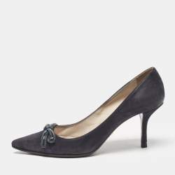 Prada Navy Blue Patent Leather and Suede Bow Pointed Toe Pumps Size 37.5