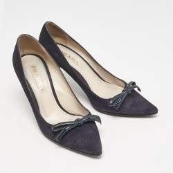 Prada Navy Blue Patent Leather and Suede Bow Pointed Toe Pumps Size 37.5
